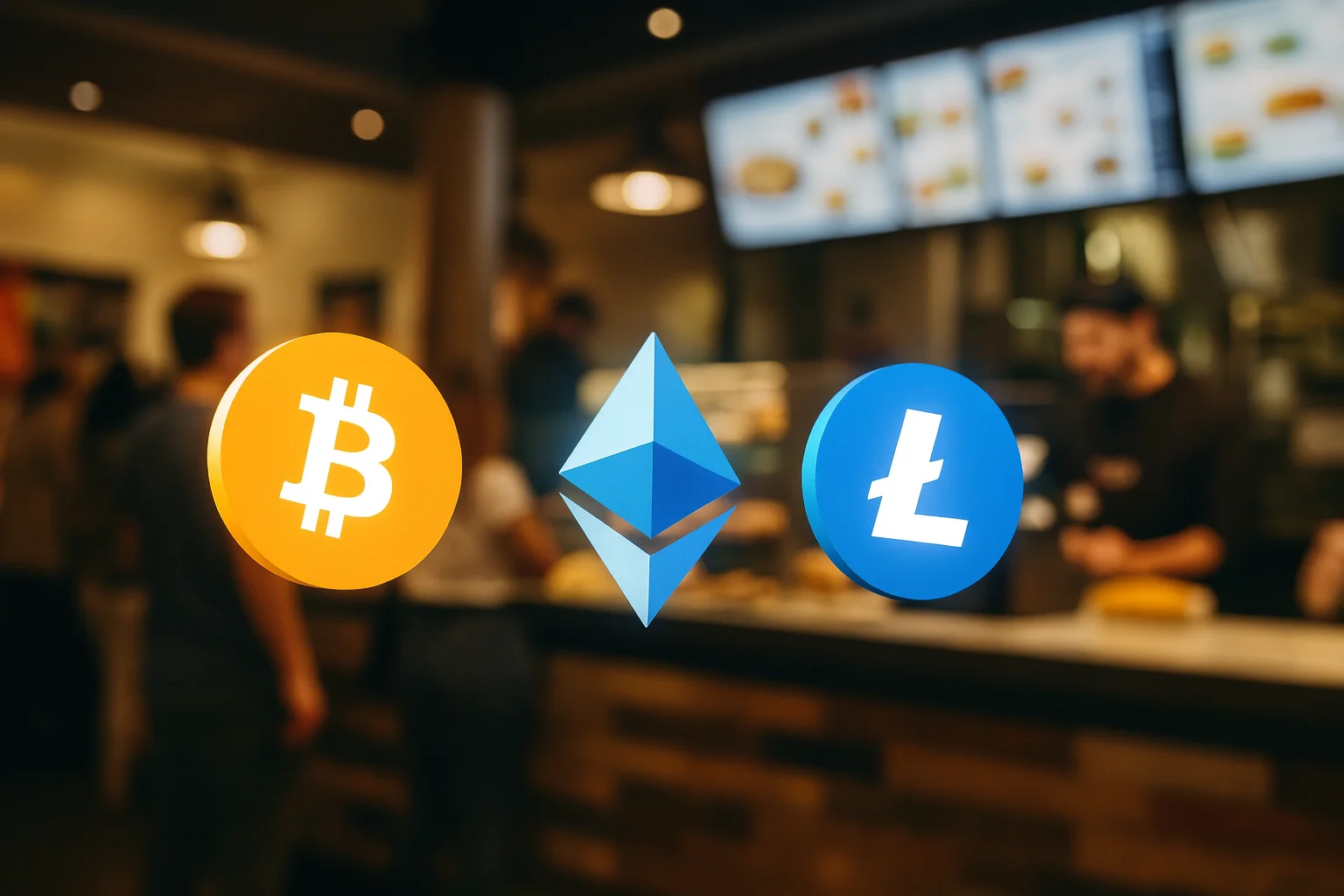 Paiement en crypto-monnaies dans un fast-food Logos de crypto-monnaies Bitcoin, Ethereum et Litecoin flottant en surimpression devant un comptoir de fast-food moderne.