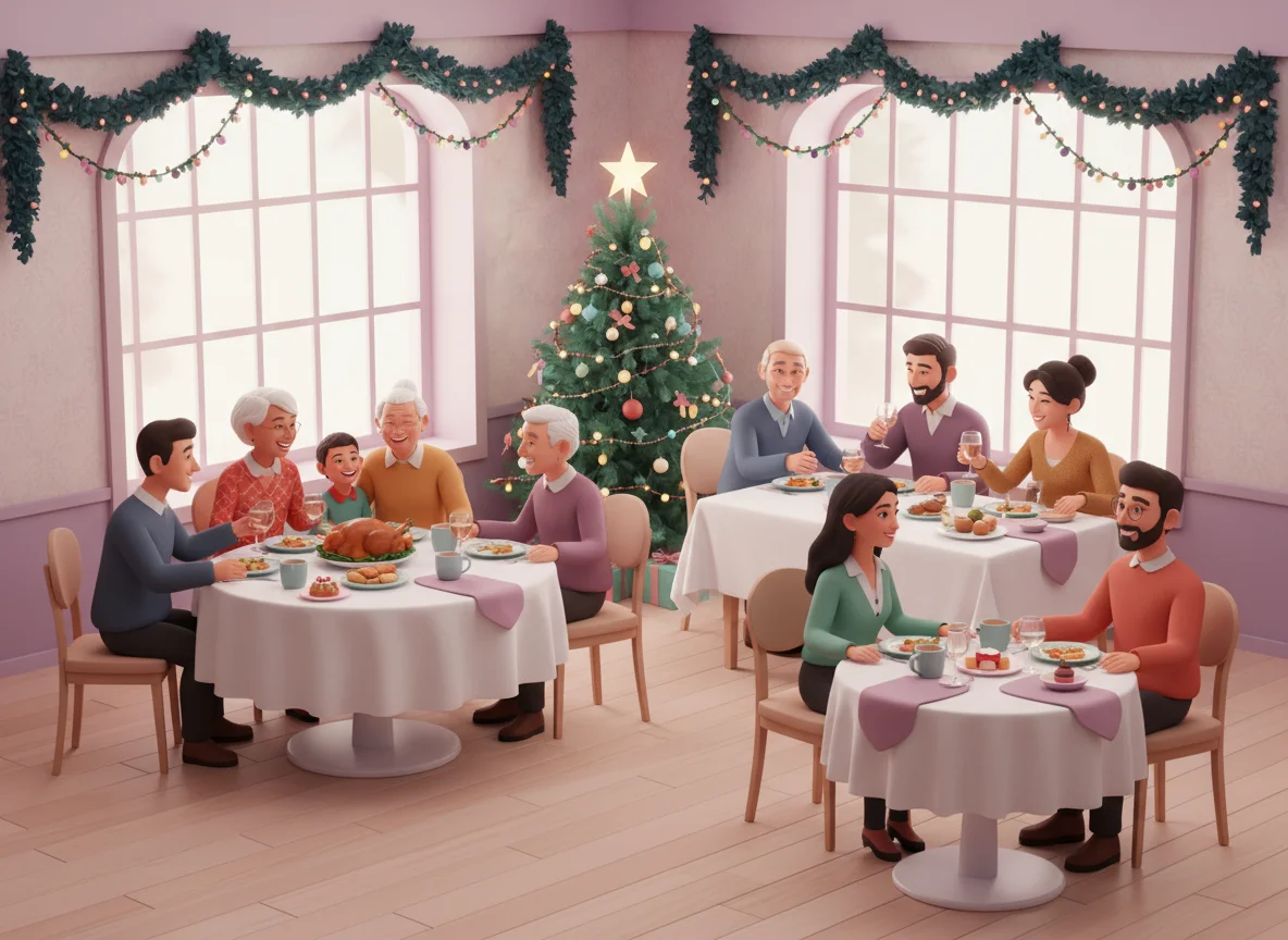 restaurant-ambiance-familiale-fetes-fin-annee Intérieur d'un restaurant familial décoré pour les fêtes de fin d'année, avec plusieurs familles et couples attablés et souriants.